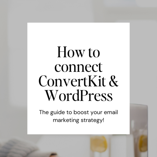 Pin image of business owner connecting ConvertKit and Wordpress on computer.